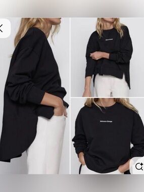 Zara Black Crewneck Sweatshirt -  Welcome Change in White Text High / Low